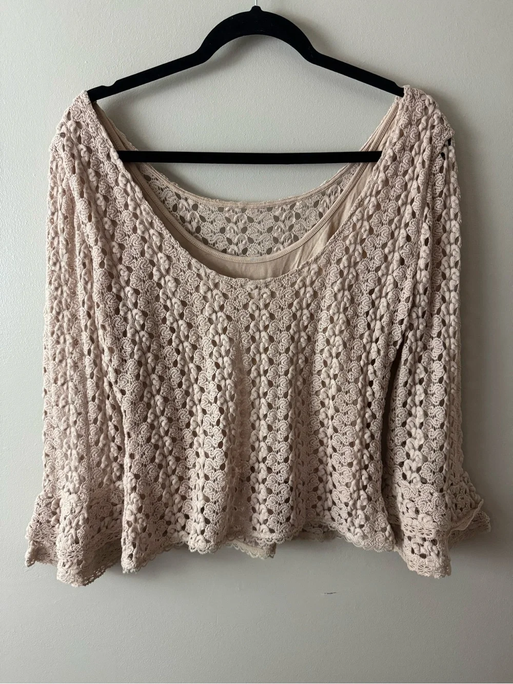 Free People Crochet Scoop Neck Bell Sleeve Top Medium Minimalist Cottagecore